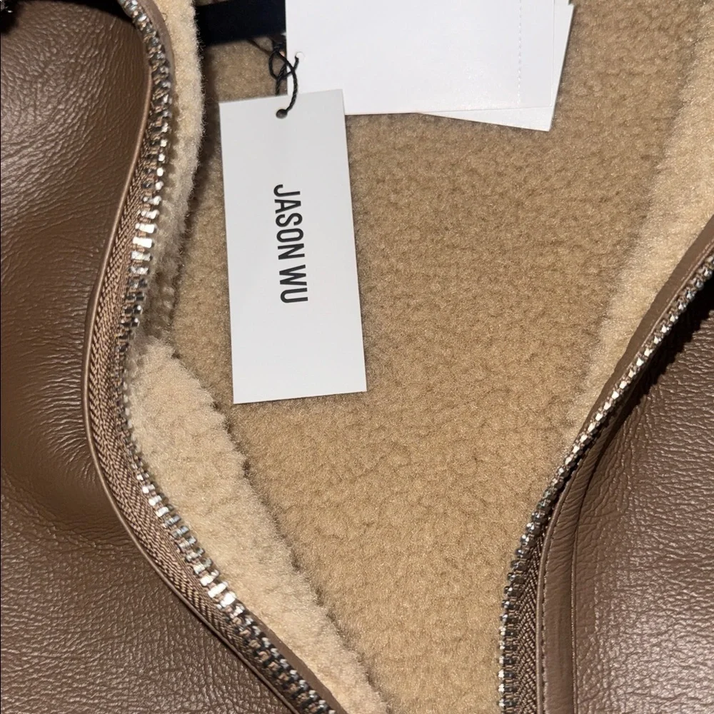 NWT JASON WU Faux Shearling Collar Faux Leather Coat Brown / Tan
